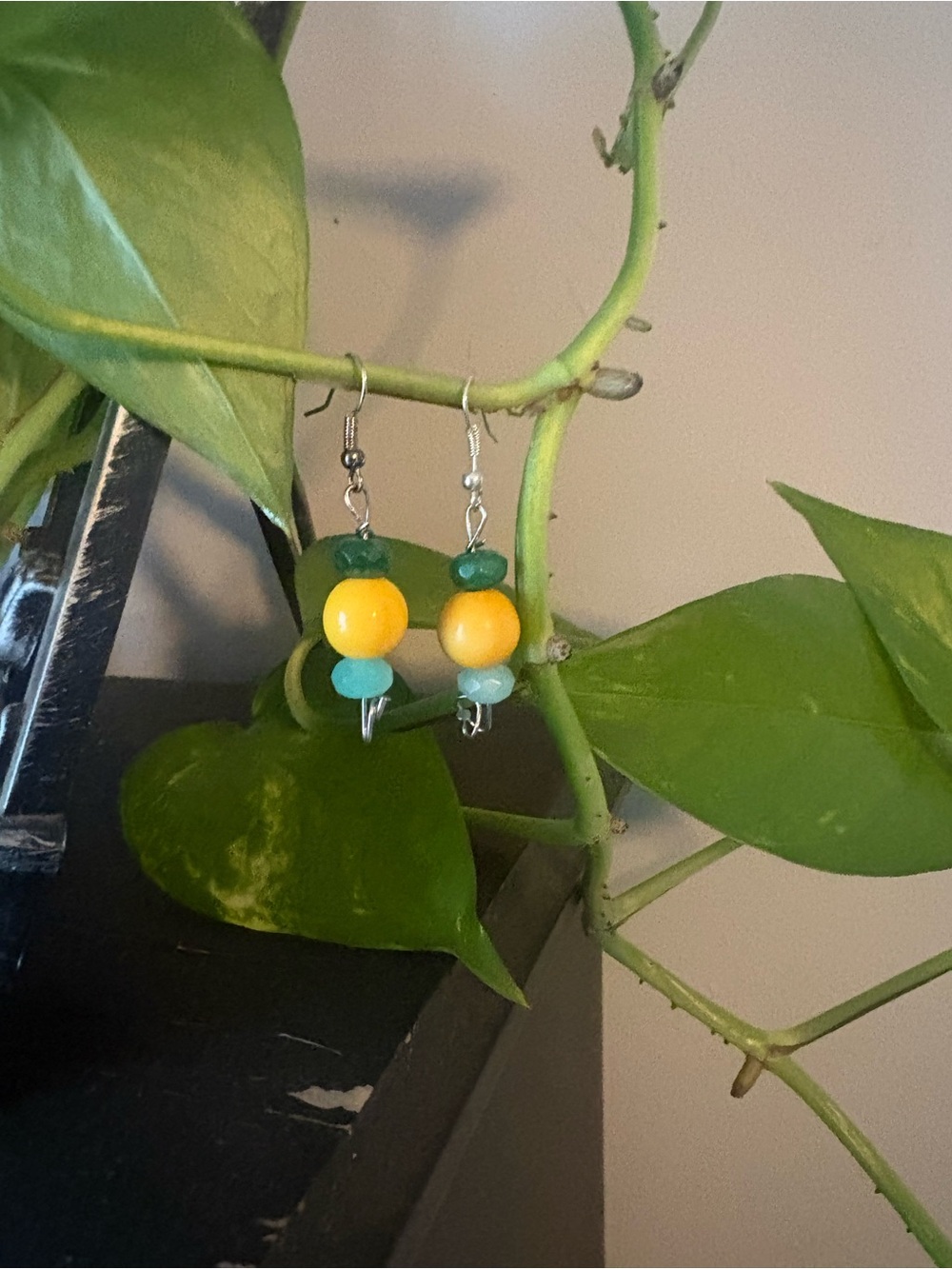 Handmade Yellow and Green Bead Dangle Earrings